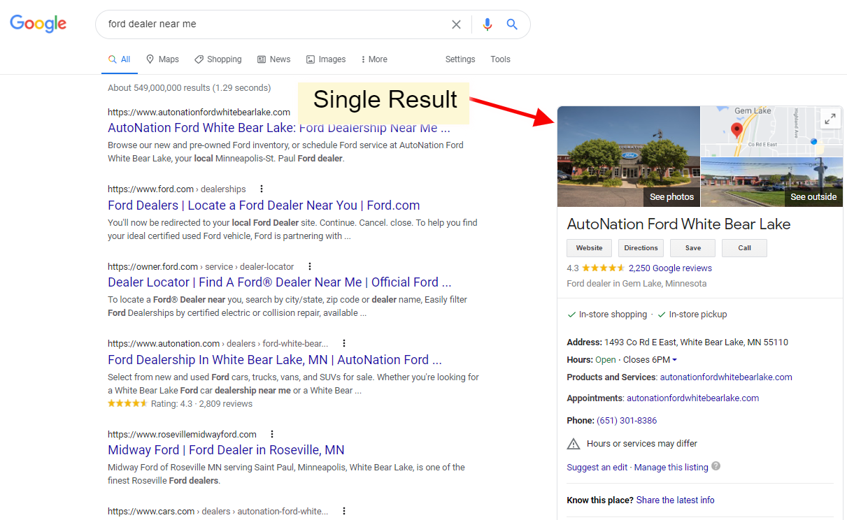 Direct search for Ford Dealer near me showing a single knowledge panel result